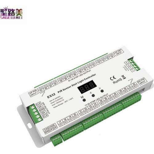 32CH ES32 PIR Sensor Stair Light Controller Human Body Infrared Inductive Switch Stair Lamp Control For single color Or SPI tape