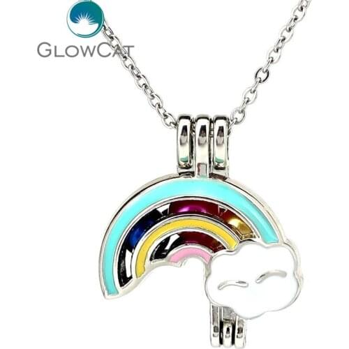 K1205 Silver Enamel Beauty Fantasy Rainbow Beads Cage Pendant Stainless Necklace Aroma Essential Oil Diffuser Locket