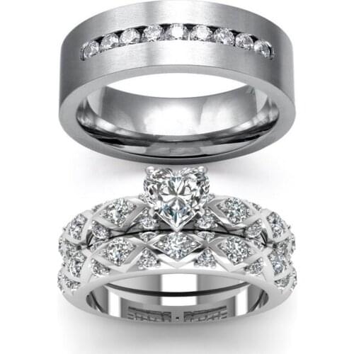 2pcs set Zircon Women Men Heart Ring White Crystal Ring Anniversary Gift Engagement Bridal Wedding Ring Set