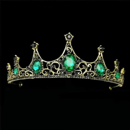 Baroque Retro bridal Queen Crown Party Prom Big Green Black Crystal Princess Tiara Headband Wedding Hair Jewelry Accessories