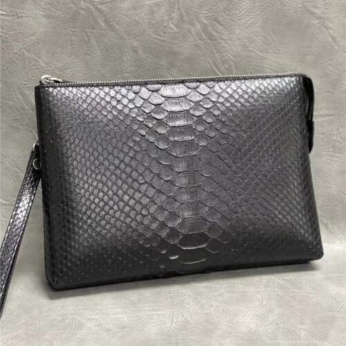 Authentic Real True Python Snakeskin Mens ZIP Black Clutch Bag Genuine Exotic Leather Male Large Card Holders Wristlets Purse