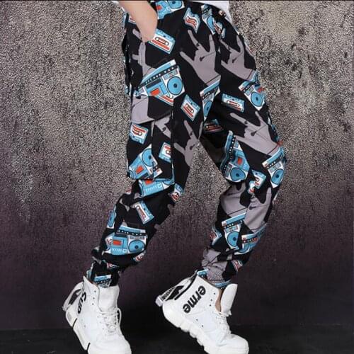 2020 new mens retro print casual pants loose hip-hop overalls pants feet tide mens high street pants singer stage costumes