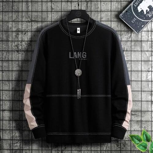 2021 Spring New Sports Shirts Mens Round Neck Sweater Long-Sleeved Tops Mens Korean Loose Casual Stitching Tops