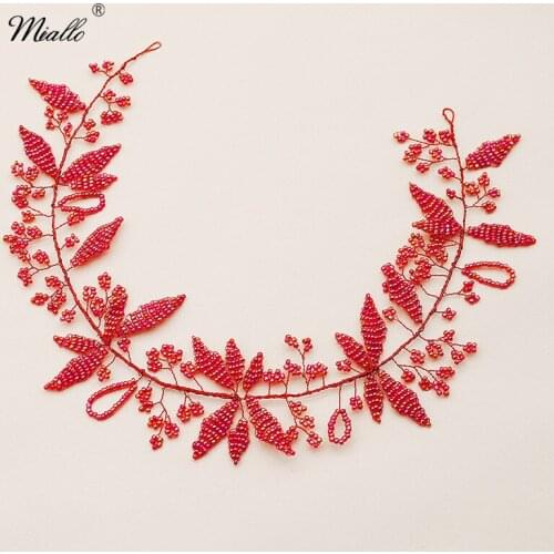 Miallo Red Flower Handmade Copper Wire Pearls Hair Vine Wedding Headband Bridal Hair Jewelry Accessories Queen Tiaras Headpieces