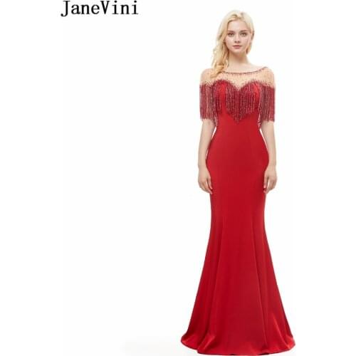 JaneVini Charming Long Bridesmaid Dresses 2018 Sheer Scoop Neck Backless Luxury Beaded Mermaid Red Satin Prom Gowns Floor Length