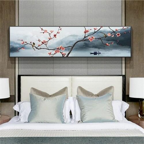 Chinese Cultural Style Plum Blossoms Mountain Landscape Poster Ink Painting Wall Art Canvas Picture for Living Room Home Decor