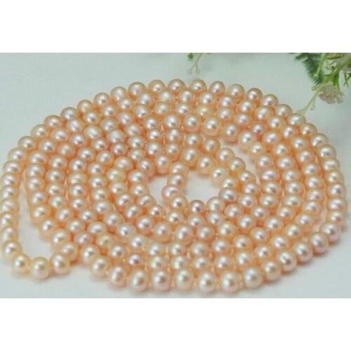 Stunning!Long 48" 7-8mm Natural Pink Pearl Necklace