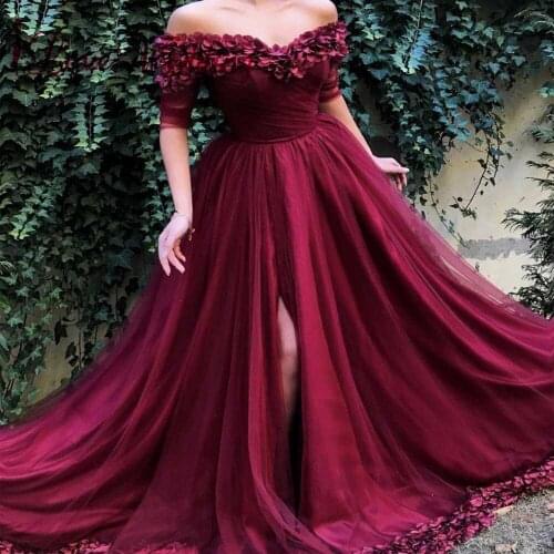 Robe de soiree Hot Sale Boat Neck Half Sleeves Custom made Wine Red Formal Evening Dresses Long