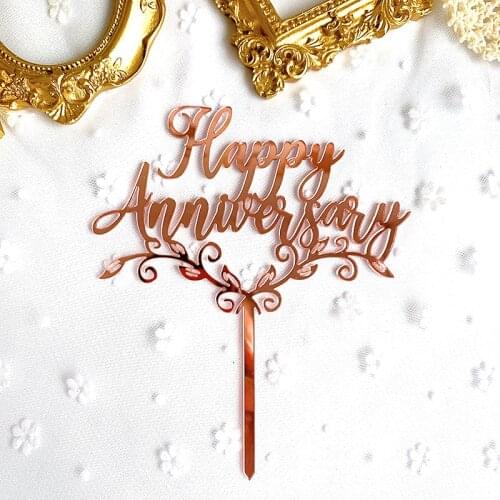 Rose Gold Acrylic Happy Anniversary Cake Topper Mirror Acrylic Cupcake Flags For Wedding Anniversary Party Cake Decorations New