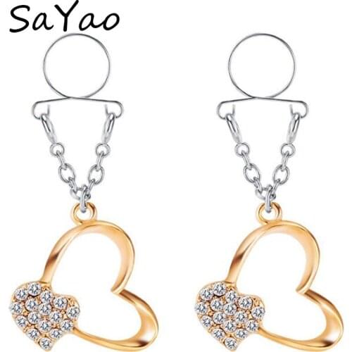SaYao 2 Piece 2018 Gold Heart Fake Nipple Rings Love Crystal CIRCLE STAINLESS STEEL CLIP ON NON PIERCING NIPPLE SHIELD RINGS