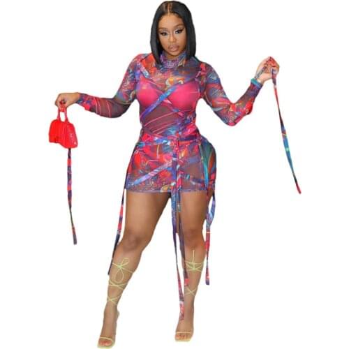 Sexy Print Colorful Women Dress Bandage Full Sleeve Mini Dress Streetwear Summer Clothes For Women
