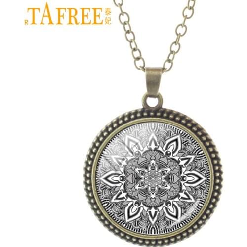 TAFREE vintage Mandala flower necklace charms handmade henna indian yoga om symbol Zen Buddhism pendant jewelry for women ES75
