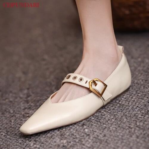 Luxury Fashion White Genuine Leather Mary Janes Flat Shoes Women Spring Summer Casual Flats Ladies Popular