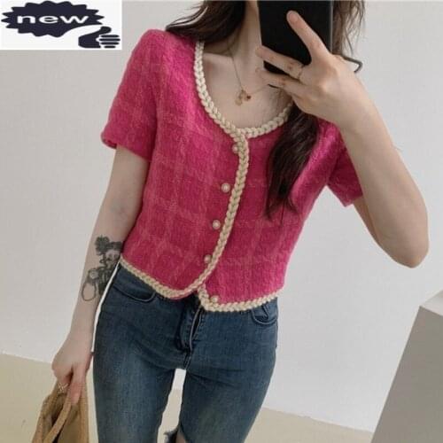 Plaid Thin Coat Women Summer Chic Fashion Retro Slim Short Sleeve Tops Street Sweet V-Neck Single Breasted Jacket Female