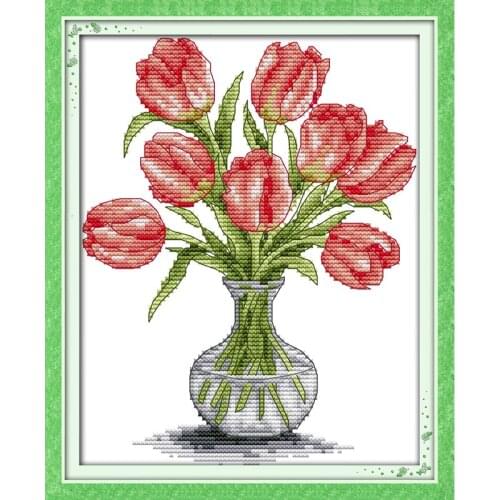 Everlasting Love Tulip Vase Chinese Cross Stitch Kits Ecological Cotton Clear Stamped Printed 11CT DIY Gift Christmas Decoration