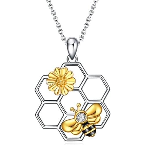 Creative Hollow Out Little Bee Honeycomb Necklace Silver Color Bee Picking Nectar Pendant for Women Creative Jewelry Gifts