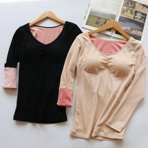 Women 2021 Autumn Winter Plus Velvet Long Sleeve Shirt Female Thick Warm Tops Ladies Casual Slim Thermal Underwear Clothes A399