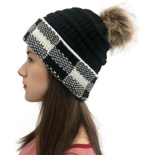 HanXi 2020 Women Knitted Hat Beanie Winter Pompom Hats Plaid Patchwork Ski Caps for Lady Girls