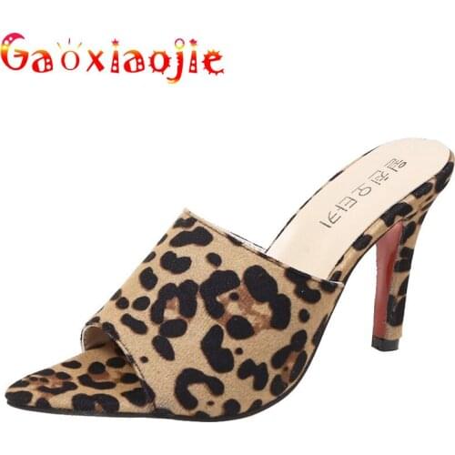 Gaoxiaojie New Suede Women Slippers Summer Sexy Leopard Print Sharp End Sandals Fashion Career Office High-Heeled Shoes Size 43