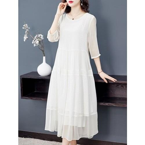 Women Summer White 200% Dress Elegant Spring Real Mulberry Silk Black Dresses Party Midi Vestidos De Verano D208622