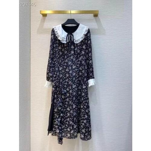 2021 Women Summer Runway Long Sleeves Dress Ladies Cute Peter pan Collar Flower Print Fashion Party Silk Dresses Vestdios