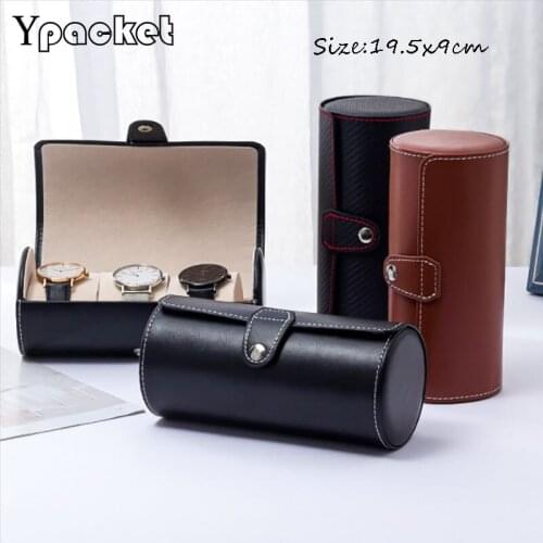 3Colors PU Leather 3 Lattices Cylinder Watch Box 19.5x9cm Gift Boxes Square Jewelry Organizer Shape Box Engagement For Bracelets