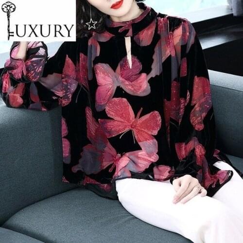 Blouses New Plus Size Spring Summer Blusas Feminino Vintage Flocking Print Flare Long Sleeve Casual Loose Batwing Blouse