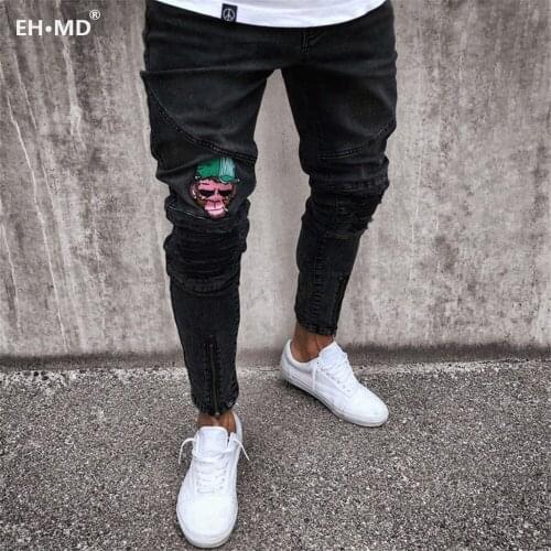 EH·MD® Monkey Embroidered Jeans Mens Cartoon Skull Decorated Zipper Hem Pure Cotton High Stretch Skinny Stitching Pencil Pants