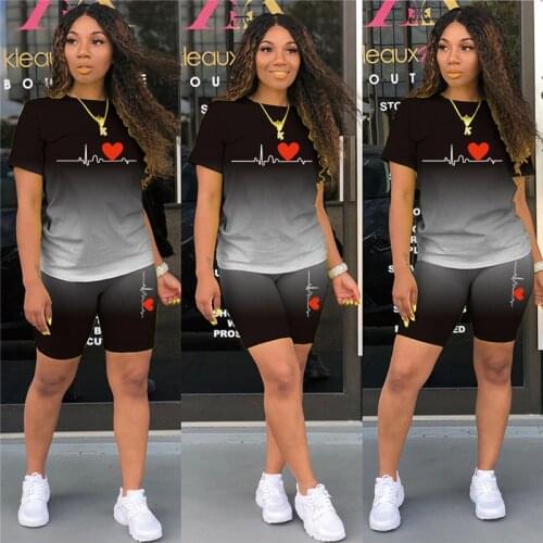 Two Pieces Sets Women Gradient Print Pullover Short Sleeve T Shirt Shorts Suit Outfit 2021 Summer Casual Clothing Plus Size 5xl