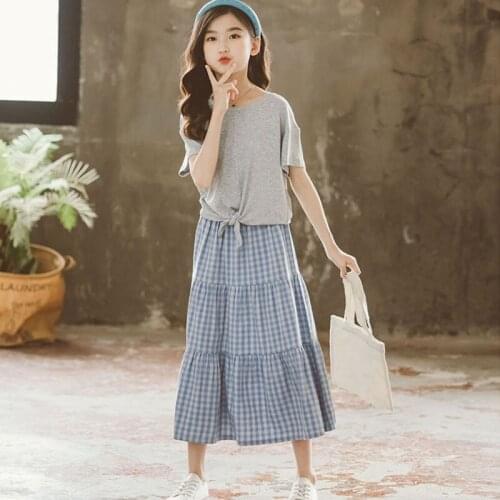 Girls Clothing Sets 2021 Summer Children Suit Kids Tops Tees and Blue Plaid Long Skirts Kids 2 Pcs Set Fashion Clothes 6-14Y
