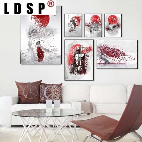 LDSP Abstract Canva Painting Poster Print Japanese Woman Sun Building Nordic Wall Art Picture Home Decor Living Room Unframed