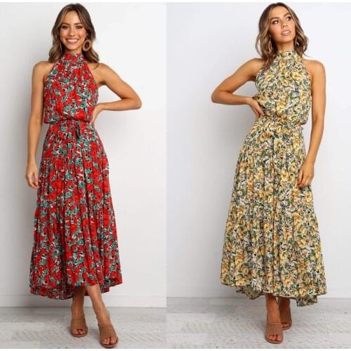 Summer Floral Print Dresses Sleeveless Halter Strapless Bohemia Beach Dress 2021 Fashion Casual Red Sundress Plus Size For Women