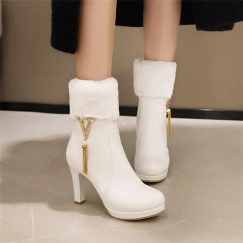 Fashion High Heels Boots Women Leather Platform Plush Ladies Winter Boots Warm Fur Ankle Boots for Women Botas Mujer 2021