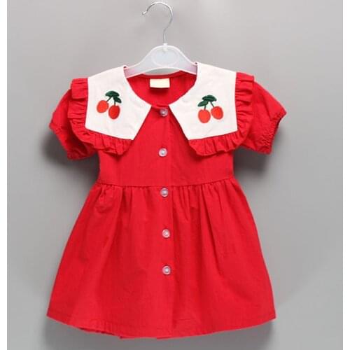 2020 New Summer Girls' Dress Button Decoration Navy Wind Lapel Embroidered Party Princess Dress Childrens Kids Girls Clothing