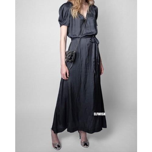 Woman Navy Midi Dress V-neck With Buttoned Short Sleeves Frilled Detail Elastic Waist with Belt Fashion Long dress