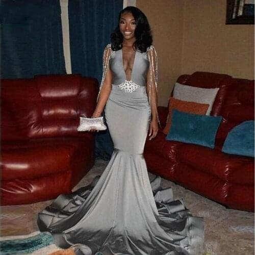 Silver Gray Satin Mermaid Long Prom Dresses 2020 Deep V Neck Beaded Tassel Sweep Train Formal Party Evening Gowns For Black Girl