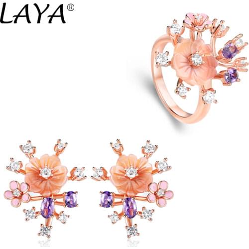 Laya 925 Sterling Silver Trendy Jewelry Fashion High Quality Zircon Natural Shell Flower Cilp Earrings Ring Sets For Women