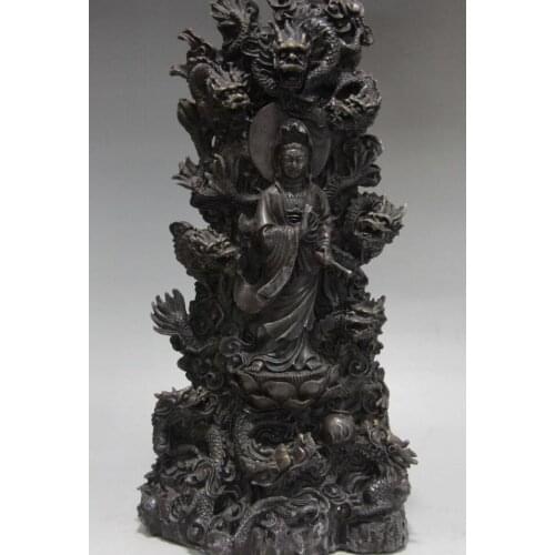 Tibet Buddhism Copper Bronze Nine Dragon Guan Yin Kwan-yin Boddhisattva Statue