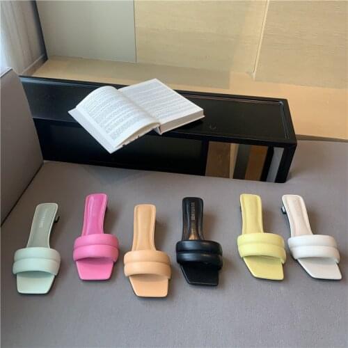 Square heel Shoes Woman 2021 Female Slippers Low Heeled Mules Candy Colors Block New High Slides Rome Rubber PU Basic Fabric Sca
