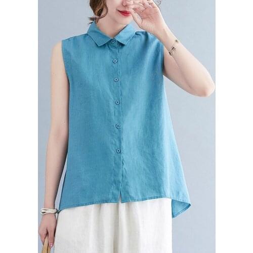 Women Summer Sleeveless Casual Shirts New Arrival 2021 Vintage Style Turn-down Collar Loose Female Cotton Linen Tops B584