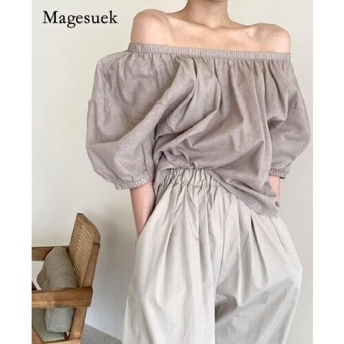 Korea Style Women Clothing Solid Slash Neck Blouse 2021 Summer Casual Womens Shirt Fashion Loose Ladies Tops Blusas 13639