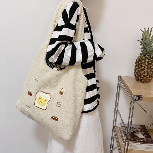 Women Plush Shoulder Bag Lamb Like Fabric Handbag Soft Cotton Canvas Tote Large Capacity Shopping Bags Cute Book Bags For Girls