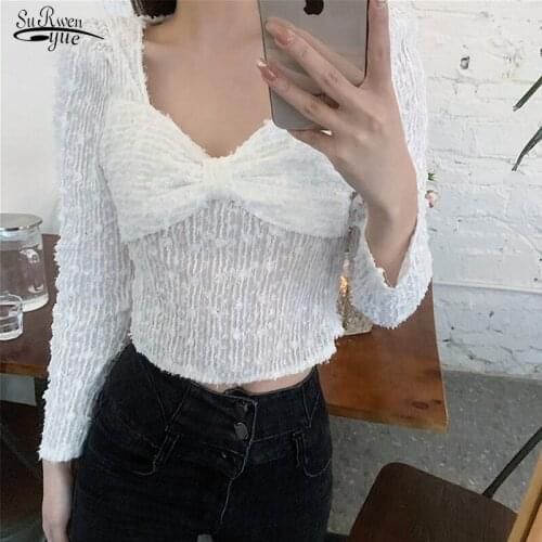 Korean Sweet Lace White Shirt French Retro Square Collar Spring New Chiffon Short Top Women Long Sleeve Elegant Blouse 13301