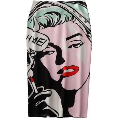 Womens Pencil Skirts European Character Print Holographic Bohemia High Waist Slim Midi Split Sexy Female Elegant Falda LS079