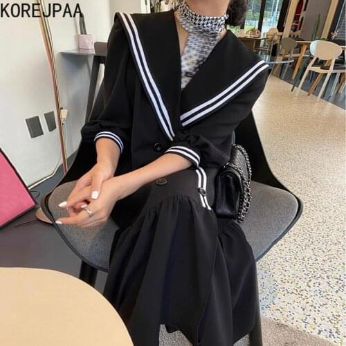 Korejpaa Women Dress 2021 Autumn Korea Sweet Temperament Ladies Retro Navy Collar Hit Color Double Breasted Hem Ruffle Vestidos