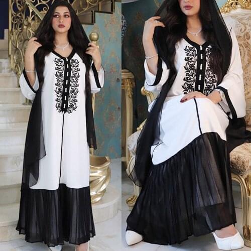 New Dubai Abaya Embroidery Kaftan Women Chiffon Long Dress Muslim Caftan Turkey Robe Moroccan Gown Eid Ramadan Islamic Clothing