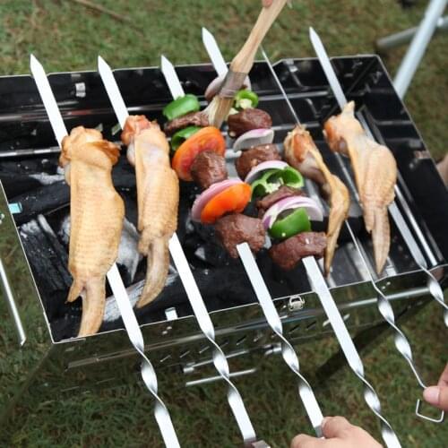 6/10/12pc Flat BBQ Skewers 45cm 17.5'' Stainless Steel Meat Metal BBQ Stick Barbecue Grill Skewers Long Roasting BBQ Kebab Fork