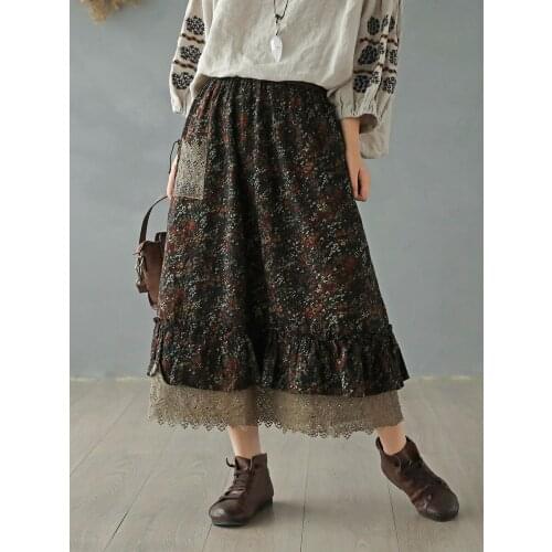 Free Shipping 2020 New Long Mid-calf Skirts Women Elastic Waist Spring And Summer Linen Cotton Skirt Print Flower Lace Pocket