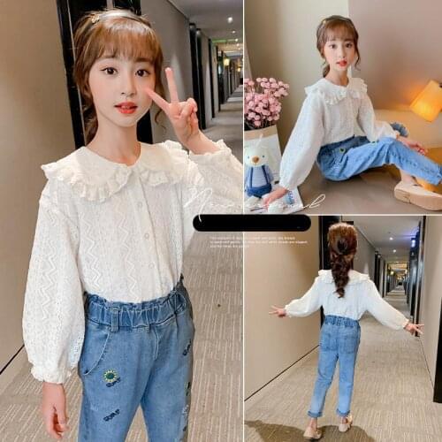 Children Girls Blouse Spring Fall 2021 Classic Solid White Tops Kids Lace Long Sleeve O-neck Shirt For 4-14 Yrs Kids Clothes
