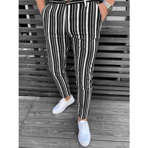 Men Casual Loose Trousers Fashion Spring Summer Striped Print Pencil Pants Mens Mid Waist Drawstring Straight Pants Streetwear